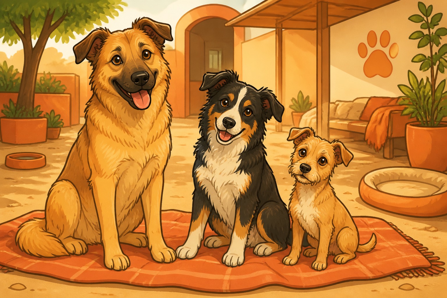 Drei Hunde im Comic-Stil